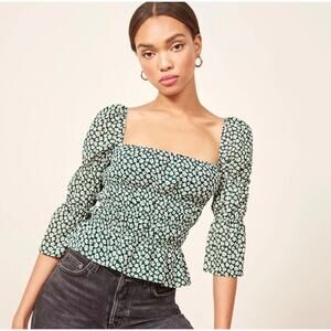 Reformation Ayla Smocked Floral Top Women's Green Size Medium